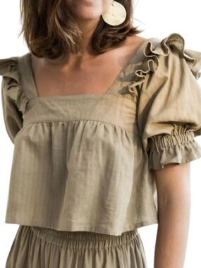 Kara Thoms Arden Organic Hemp Cotton Ruffle Puff Sleeve Crop Top Size Large